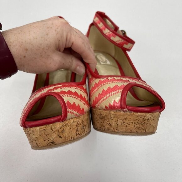 Joyfolie Alma Tangelo Straw Wedge Peep Toe 4.5" Slip On Heel Shoes Womens sz 9.5 - Picture 2 of 8